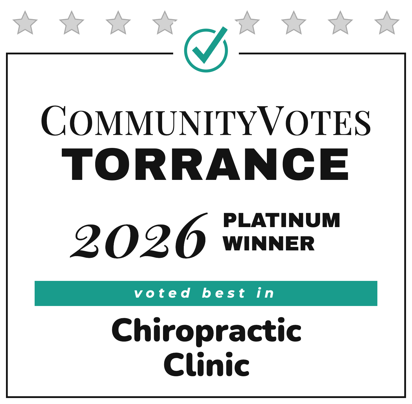 CommunityVotes Torrance 2026 Platinum Winner badge — voted best in Chiropractic Clinic